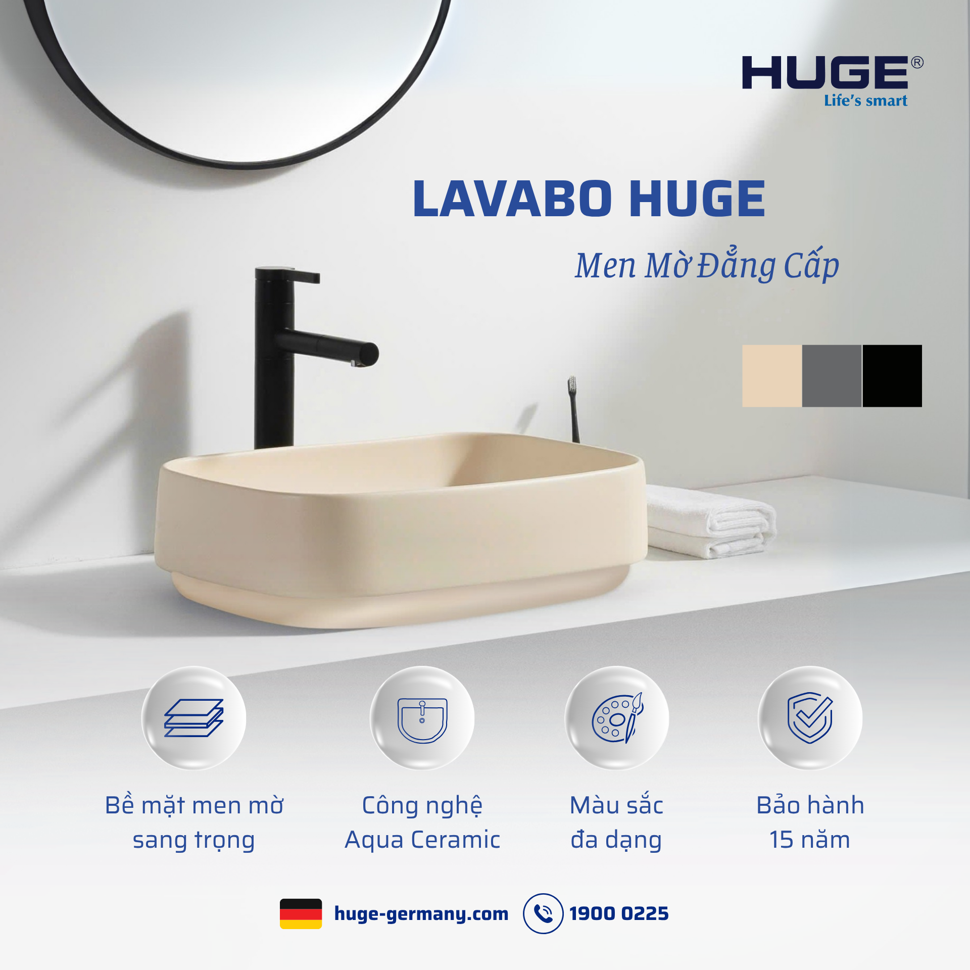 Sản phẩm Lavabo men mờ với công nghệ Aqua Ceramic từ HUGE.